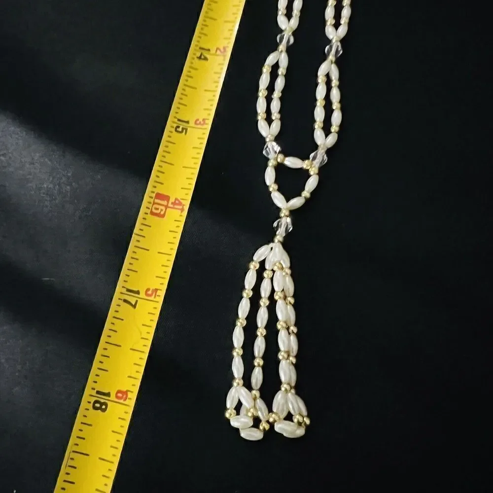 Vintage Multi Faux Seed Pearls Gold Beads Tassel Beaded Necklace  1086